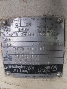 MOTOR, ELECTRIC TYPE, 100 HORSEPOWER, 460V, 3 PHASE ELEC RATING, 1800 RPM, 404TS FRAME, 118FLA AMPS, 1.15 SERVICE FACTOR. NEMADESIGN C, INSULATION H, 40 DEGREE C AMBIENT, WEIGHT 830 LBS 120W, 480V SPACE HEATER (W-44) LOADING & HANDLING FEE $15-